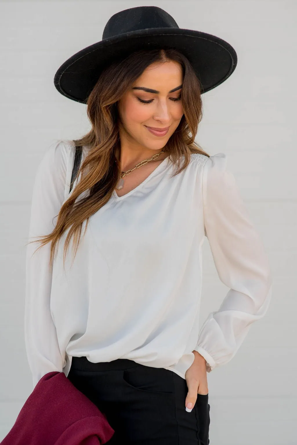 Classy Ruche Shoulder Button Sleeve Blouse