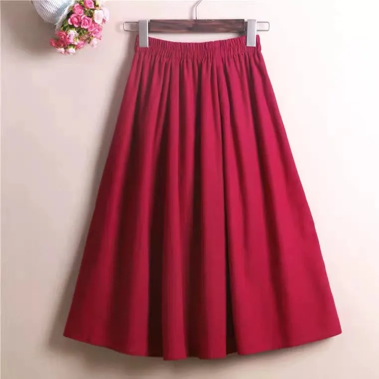 Cotton and linen half skirt, literary burgundy skirt,midi skirt  3578