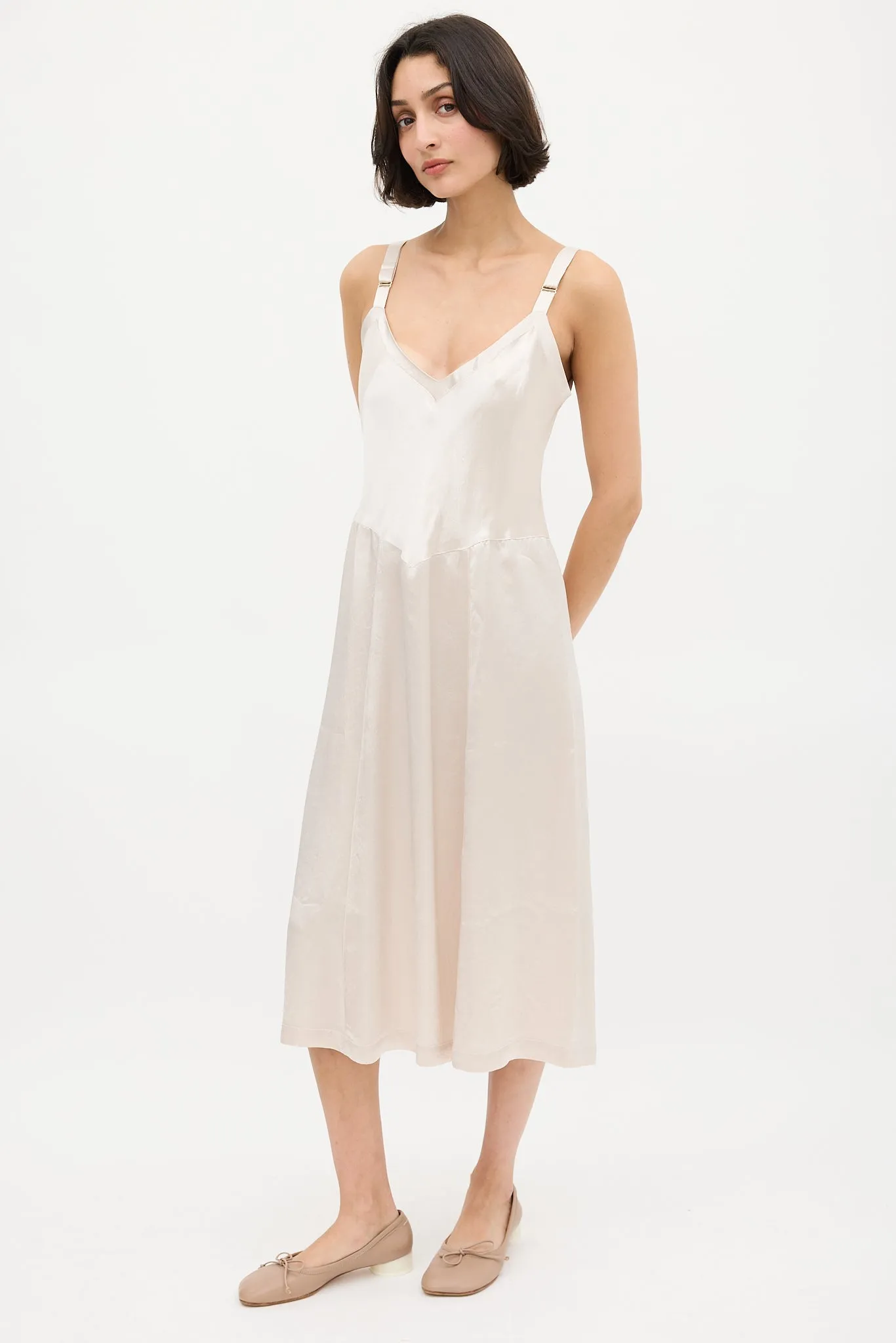 Cream Satin V-Neck Slip Dress