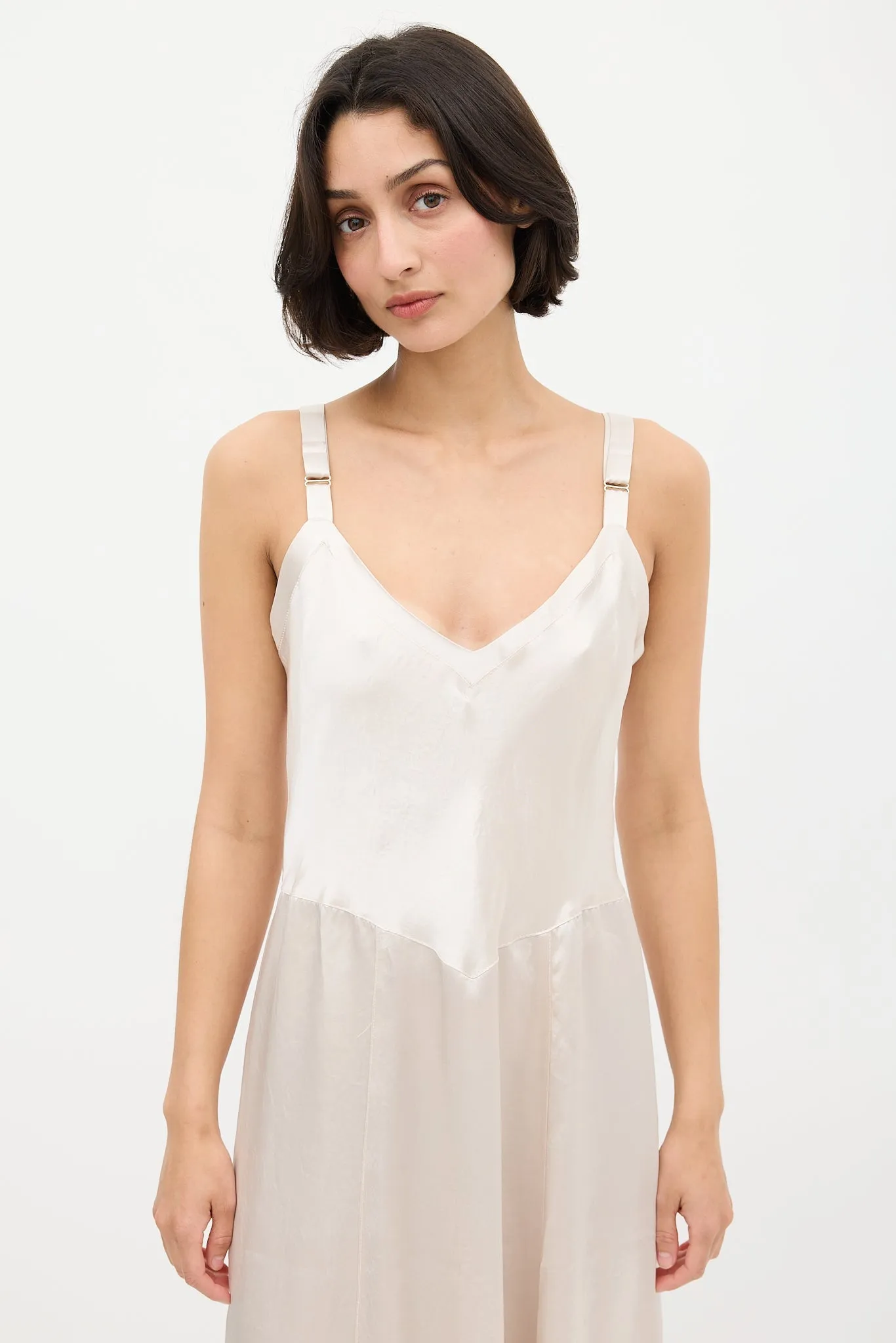 Cream Satin V-Neck Slip Dress