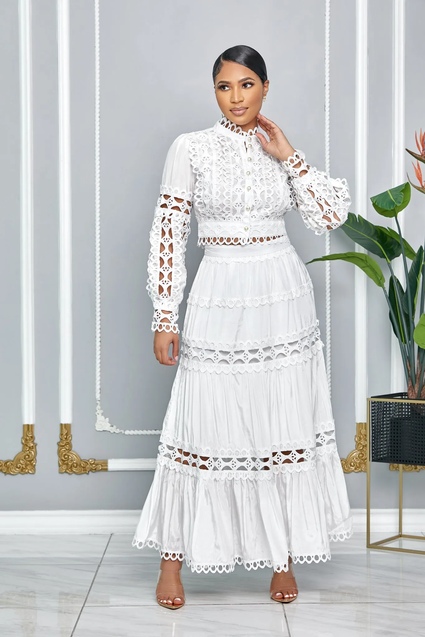 CROCHET CUTOUT DETAIL CROP TOP & MAXI SKIRT SET (WHITE)