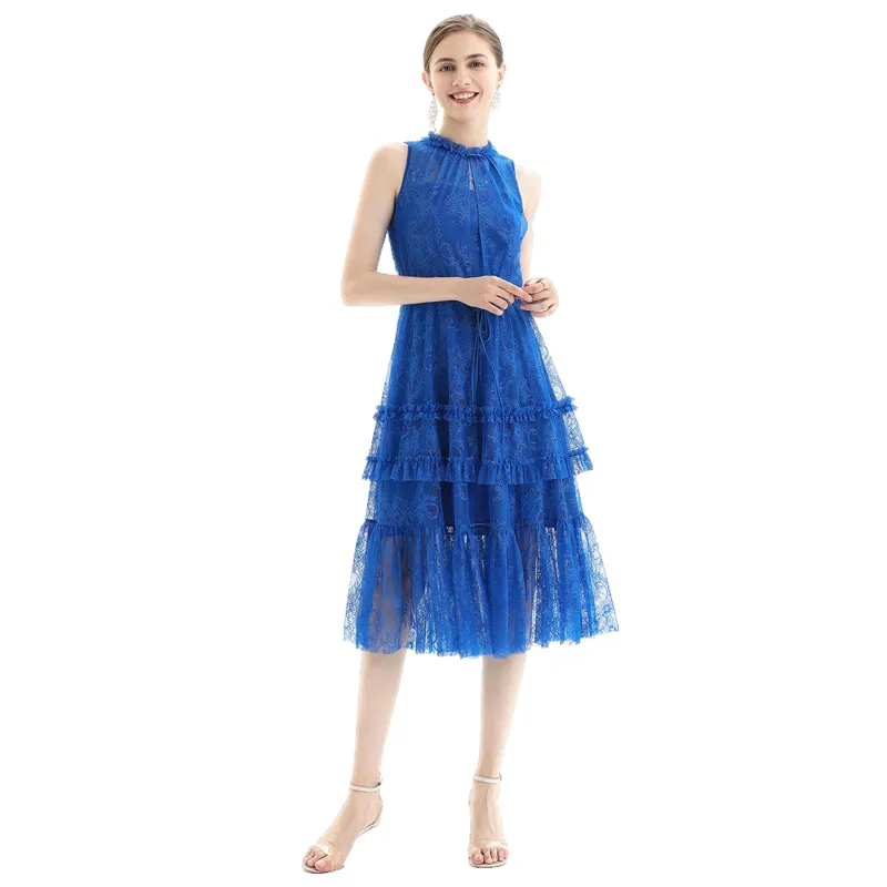 D091 Women flower lace sleeveless ruffled detail tiered midi evening dress