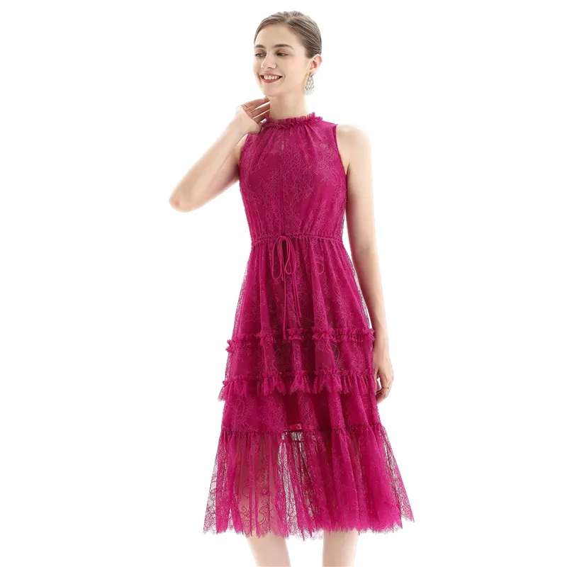 D091 Women flower lace sleeveless ruffled detail tiered midi evening dress