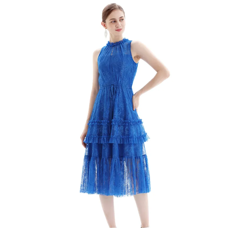 D091 Women flower lace sleeveless ruffled detail tiered midi evening dress