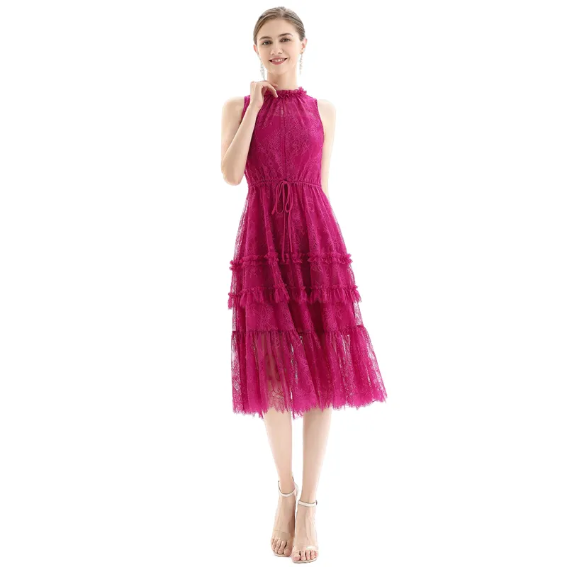 D091 Women flower lace sleeveless ruffled detail tiered midi evening dress