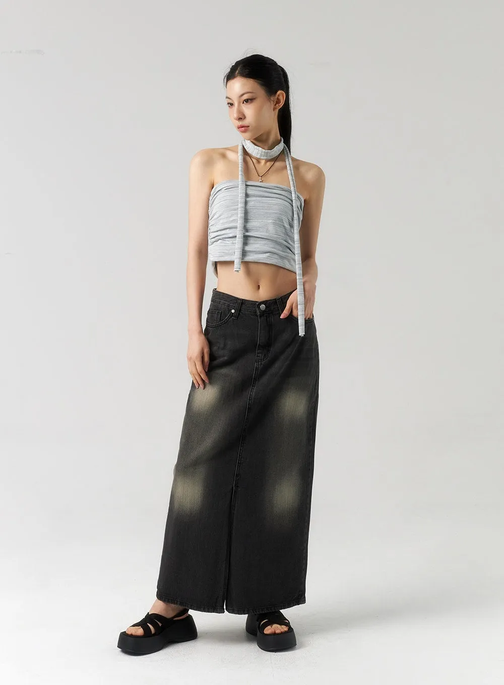 Dark Wash Denim Maxi Skirt CU321