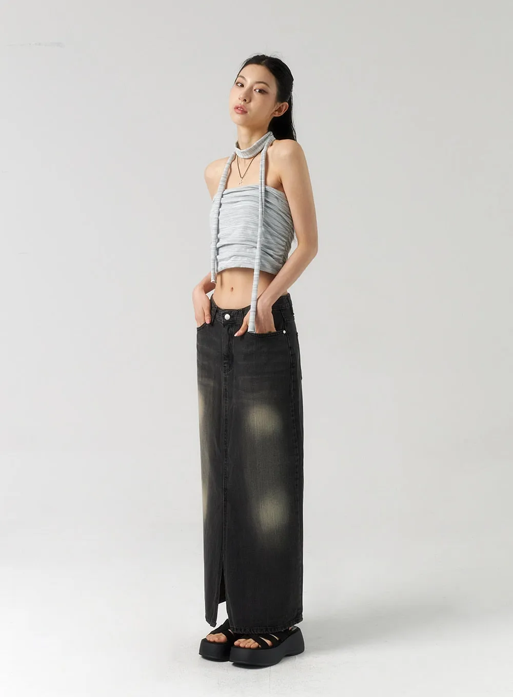 Dark Wash Denim Maxi Skirt CU321