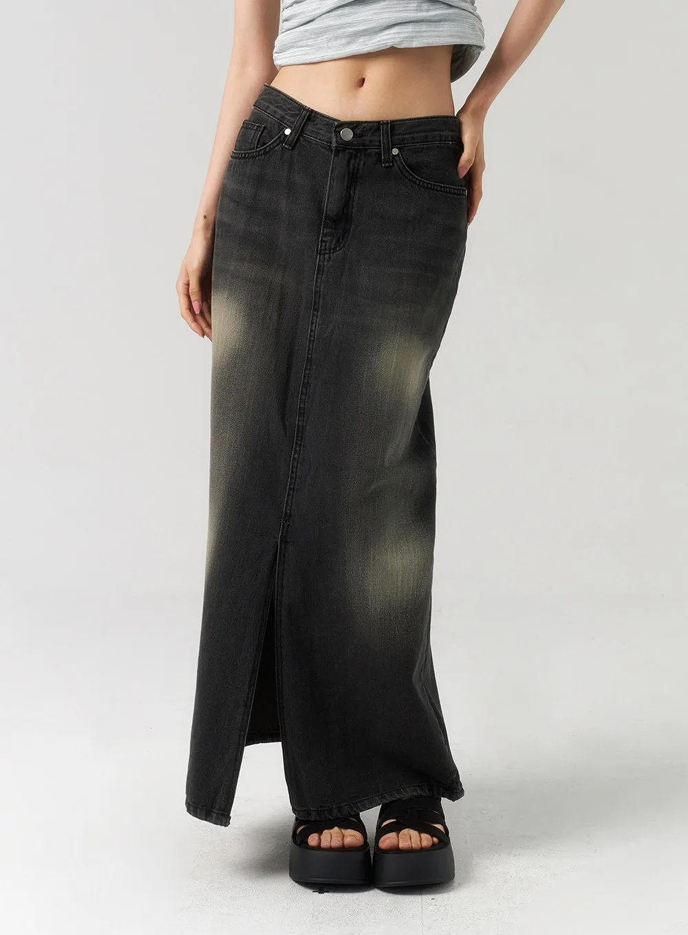 Dark Wash Denim Maxi Skirt CU321