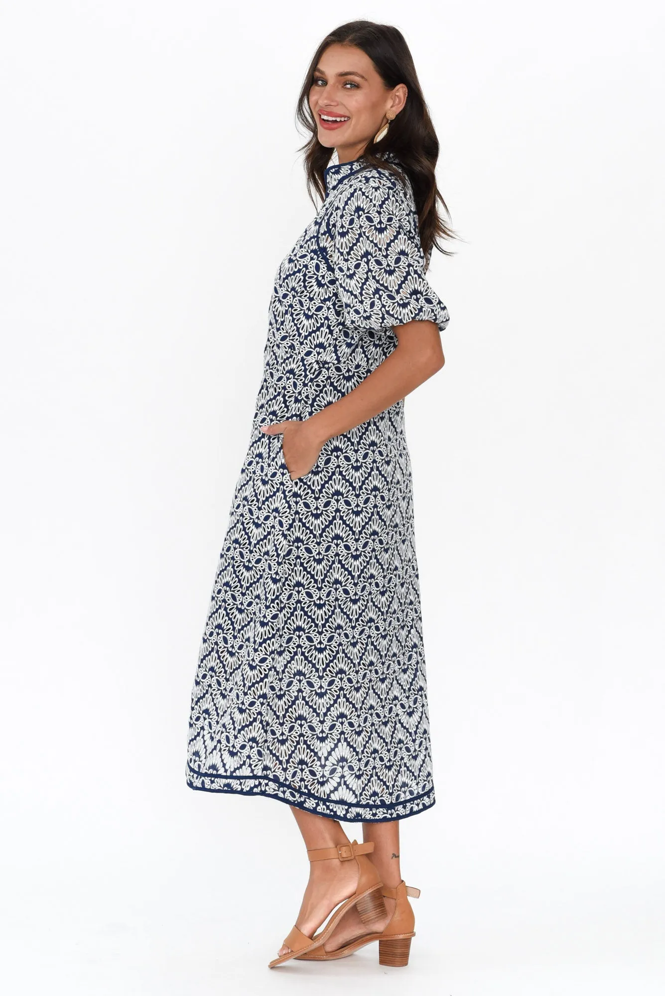 Delphine Navy Embroidered Cotton Tie Dress