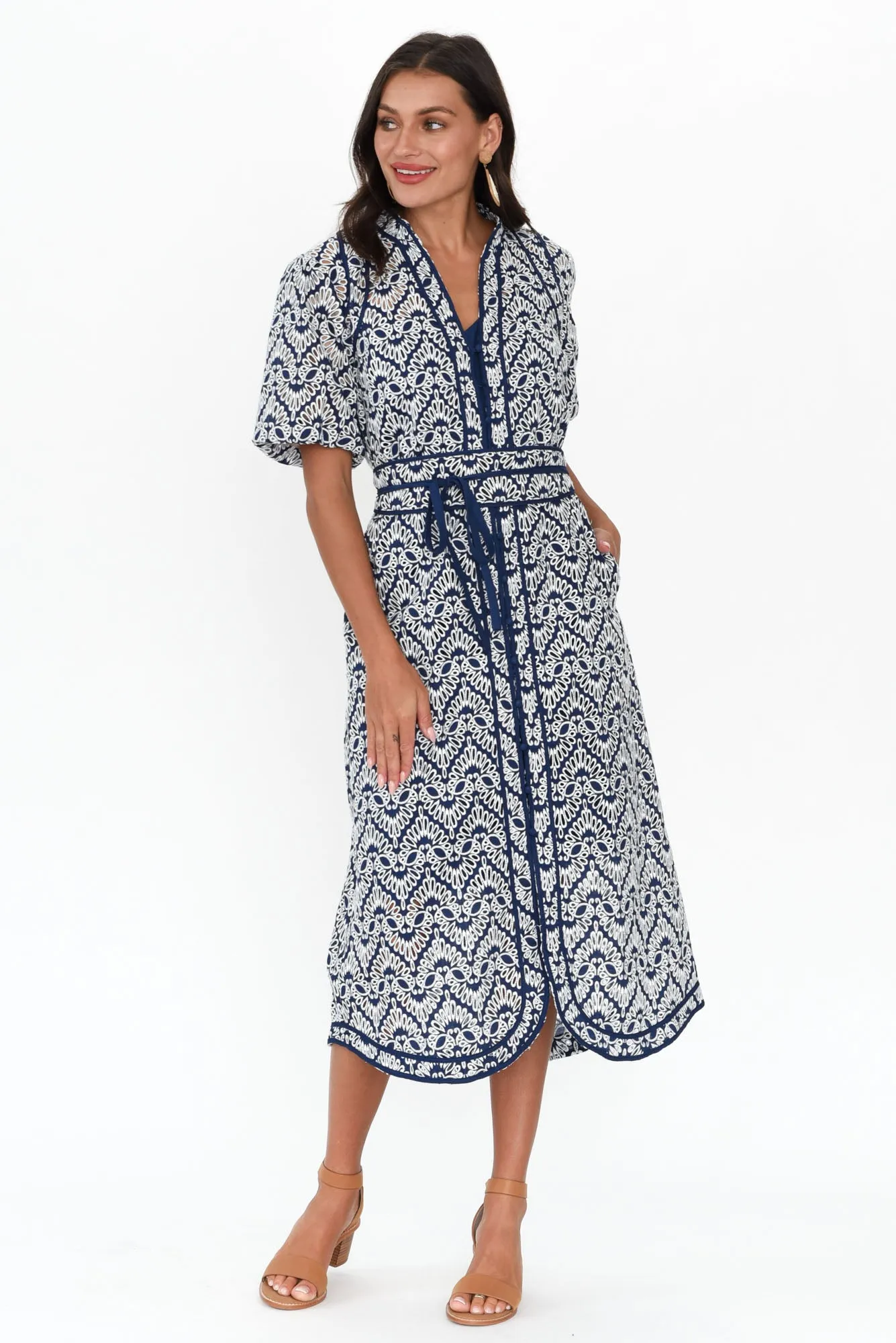 Delphine Navy Embroidered Cotton Tie Dress