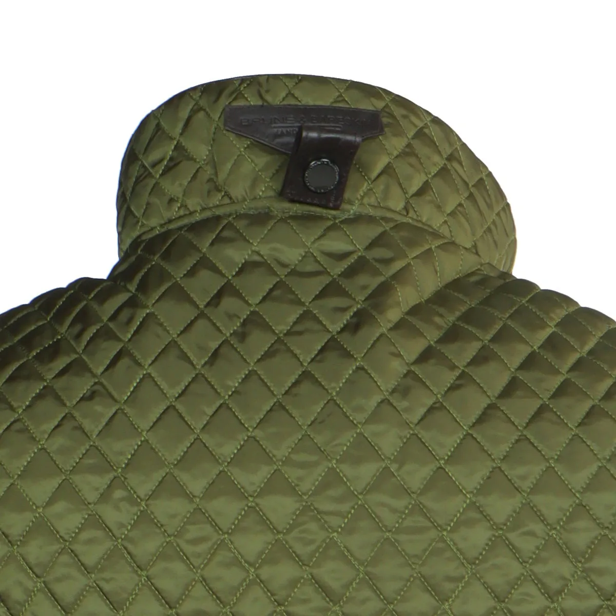 Diamond Stitched Green Puffer Vest With Black Leather Trims Collar & Pockets by Brune & Bareskin