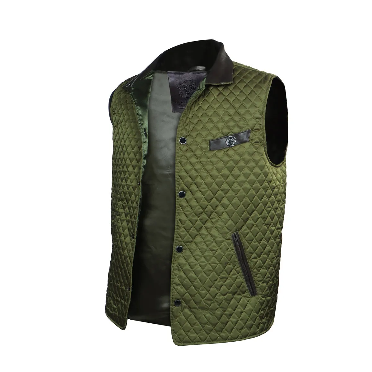 Diamond Stitched Green Puffer Vest With Black Leather Trims Collar & Pockets by Brune & Bareskin