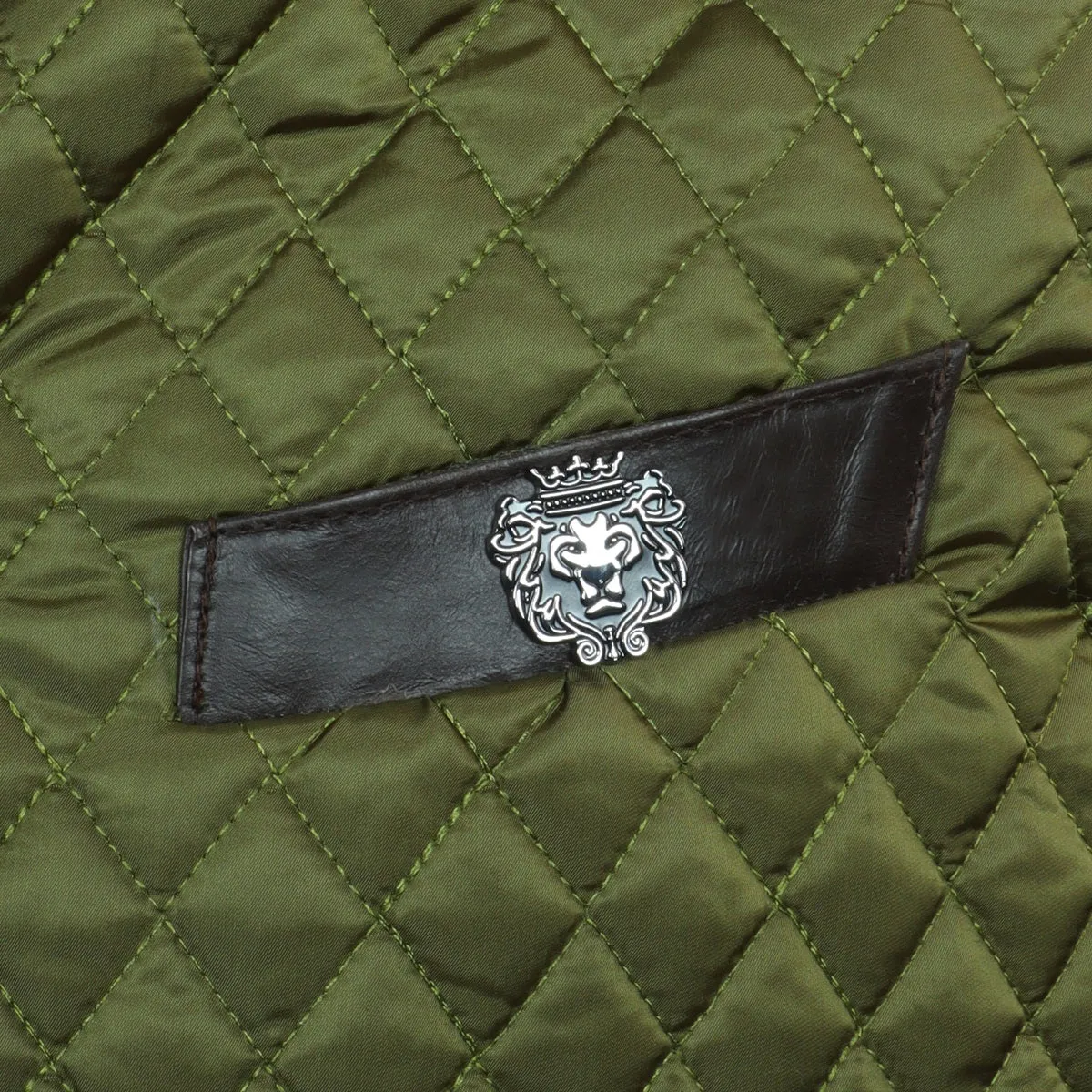 Diamond Stitched Green Puffer Vest With Black Leather Trims Collar & Pockets by Brune & Bareskin