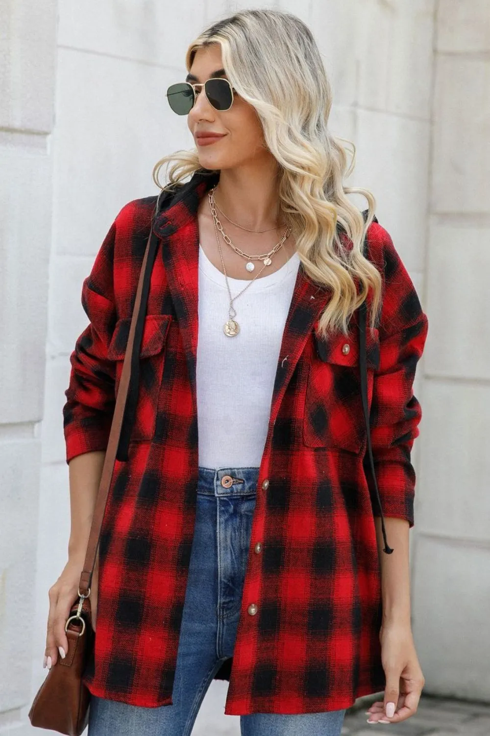 Double Take Drawstring Plaid Long Sleeve Hooded Shacket