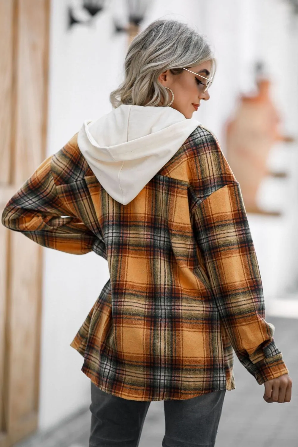 Double Take Drawstring Plaid Long Sleeve Hooded Shacket