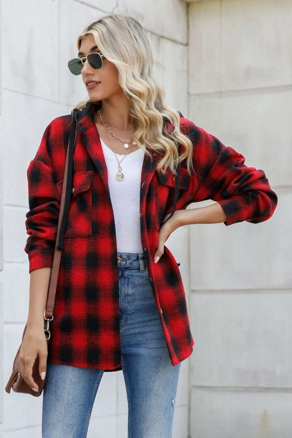 Double Take Drawstring Plaid Long Sleeve Hooded Shacket