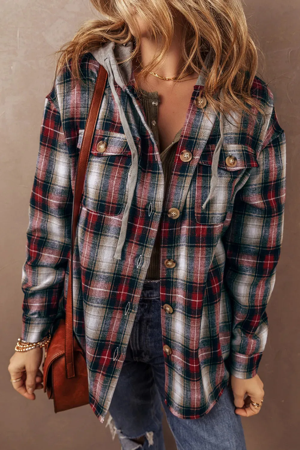 Drawstring Plaid Button Up Hooded Shacket