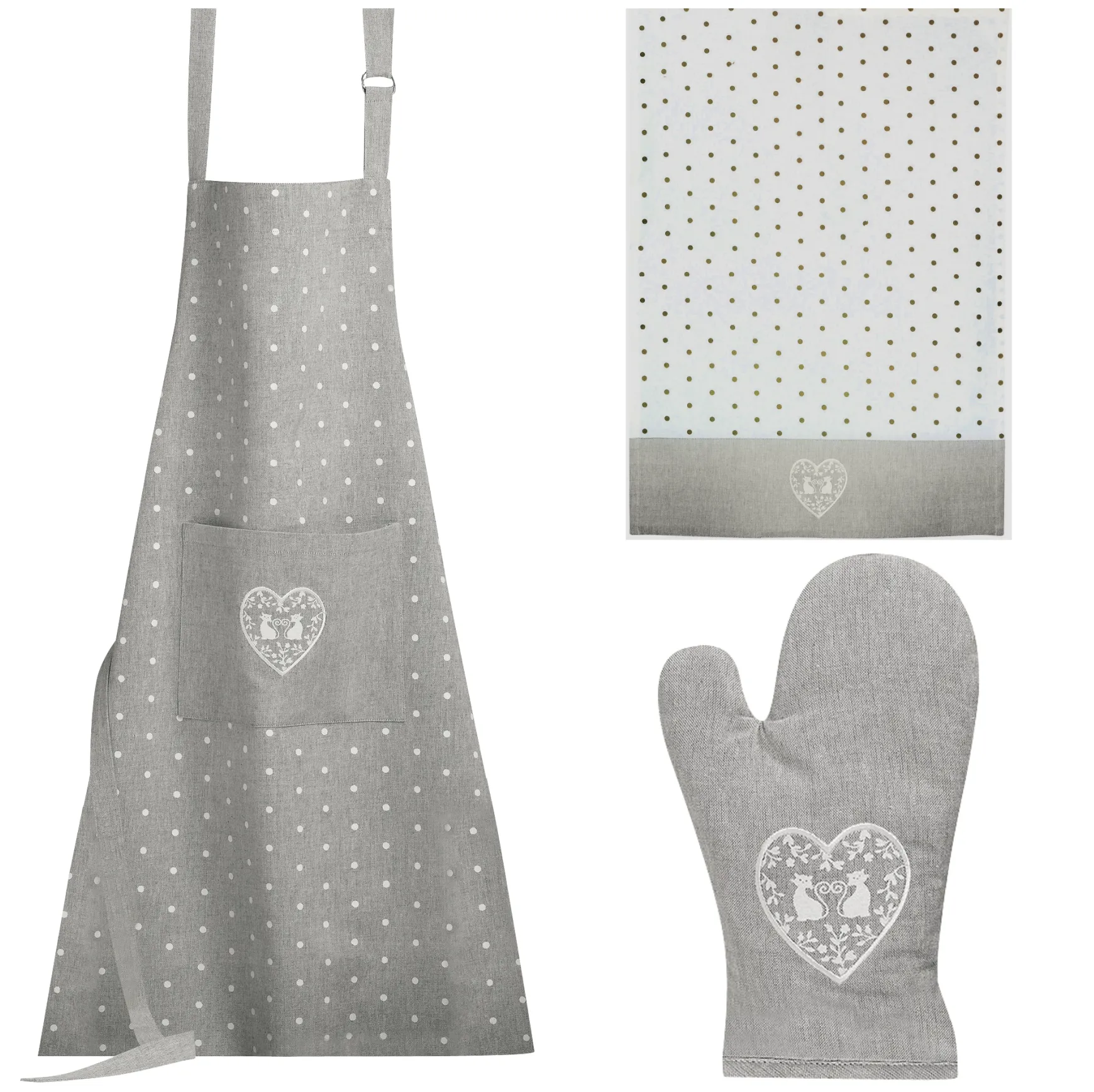 Duo of White Cats in a Heart Tea Towel and Matching Guantlet and Apron - Gift Set