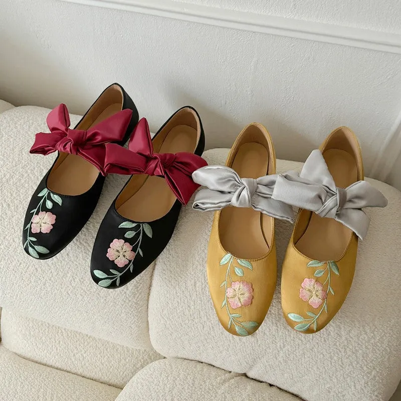 Embroidered Flowers Leather Mary Jane Shoes Flat Sole Silk Bowknot in Yellow/Black