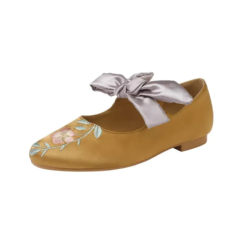 Embroidered Flowers Leather Mary Jane Shoes Flat Sole Silk Bowknot in Yellow/Black