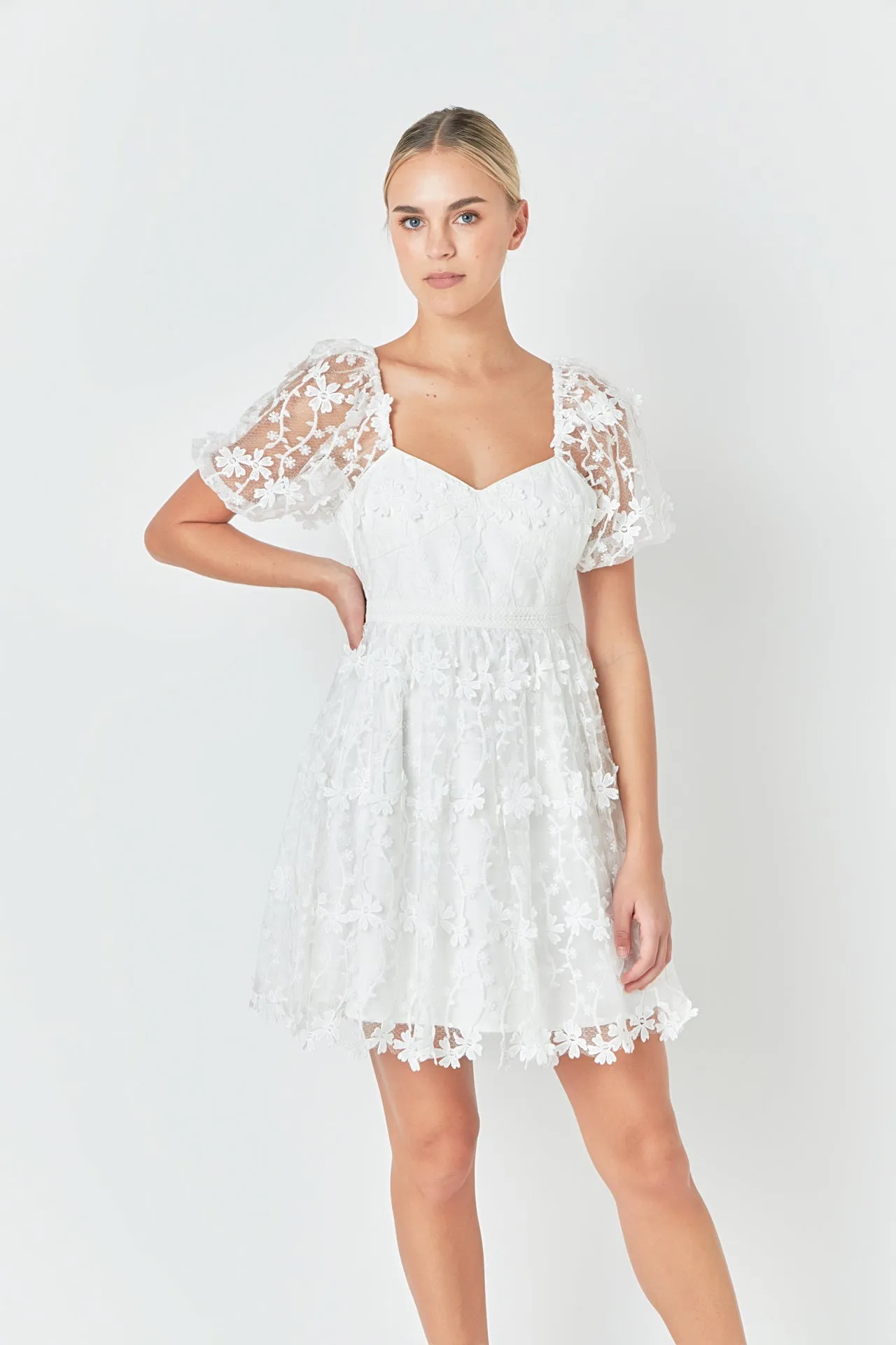 Endless Rose - Crochet Lace Bustier Puff Mini Dress