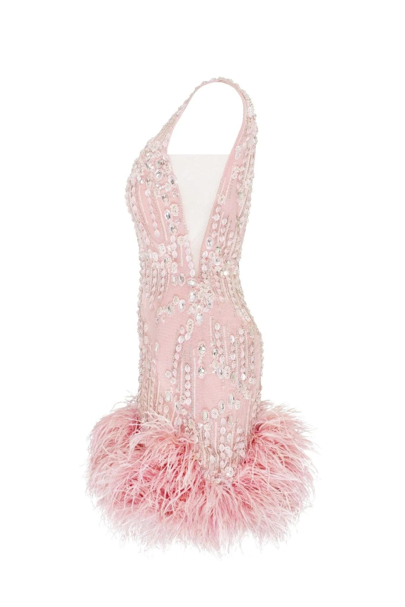 Fabulous mini dress on straps adorned with crystals and feathers