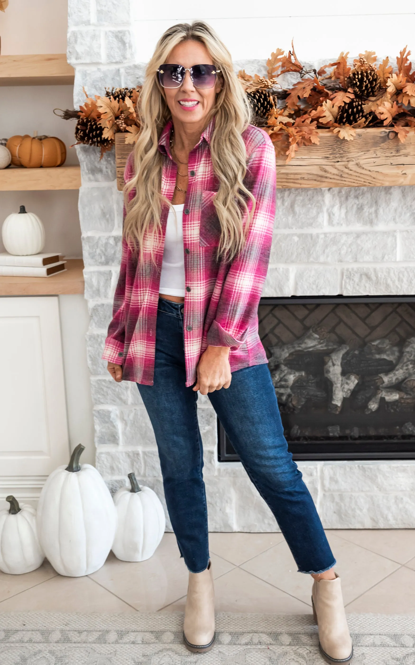 Fall Harvest Jacquard Plaid Shacket - Magenta - Final Sale