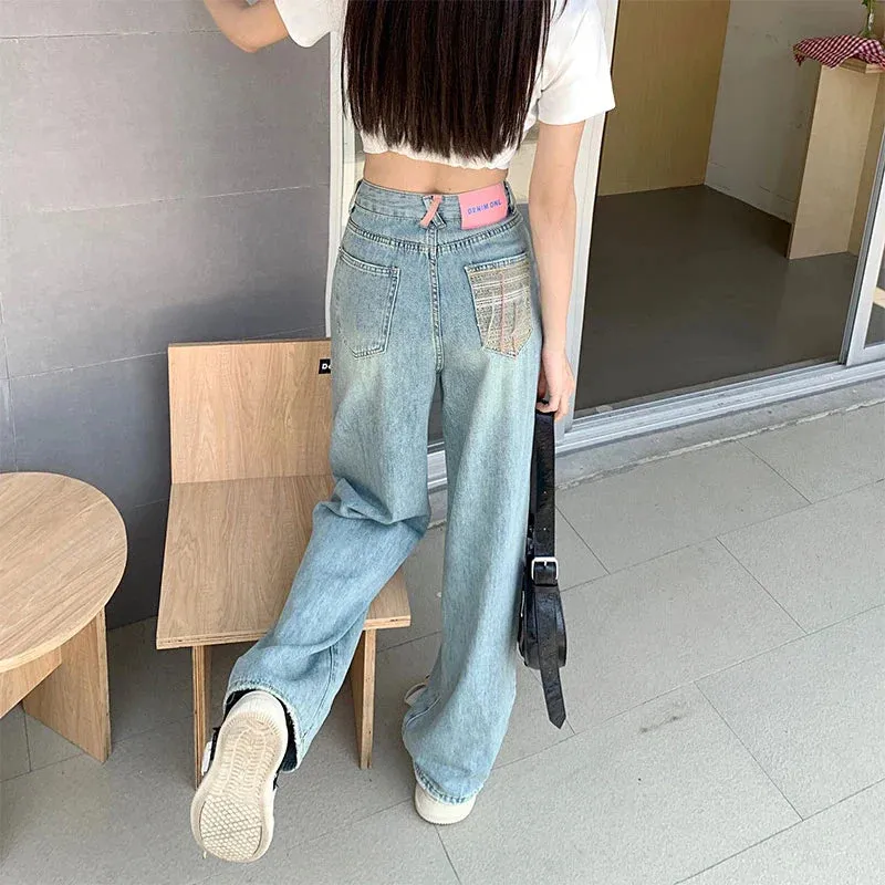 Female Collision Color Waist Embroidery Design Loose Drag Straight Jeans