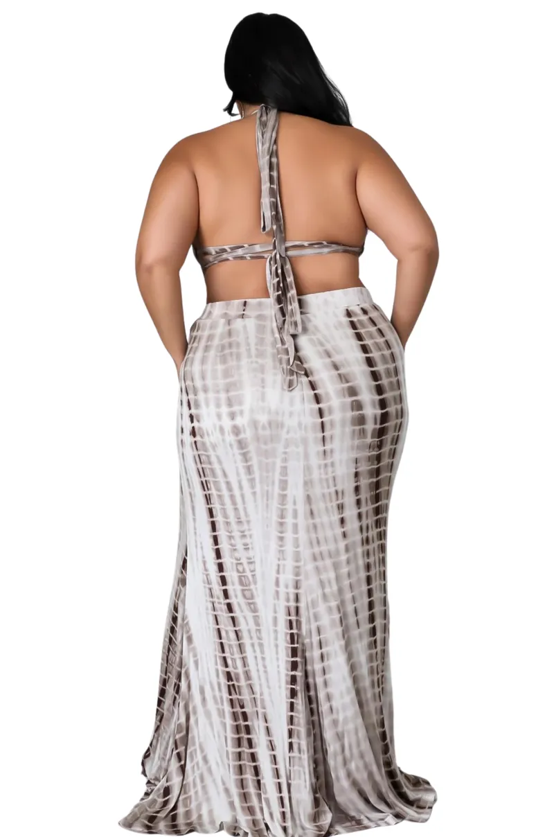 Final Sale Plus Size Tie Die Maxi Skirt Set in Mocha Tie Dye