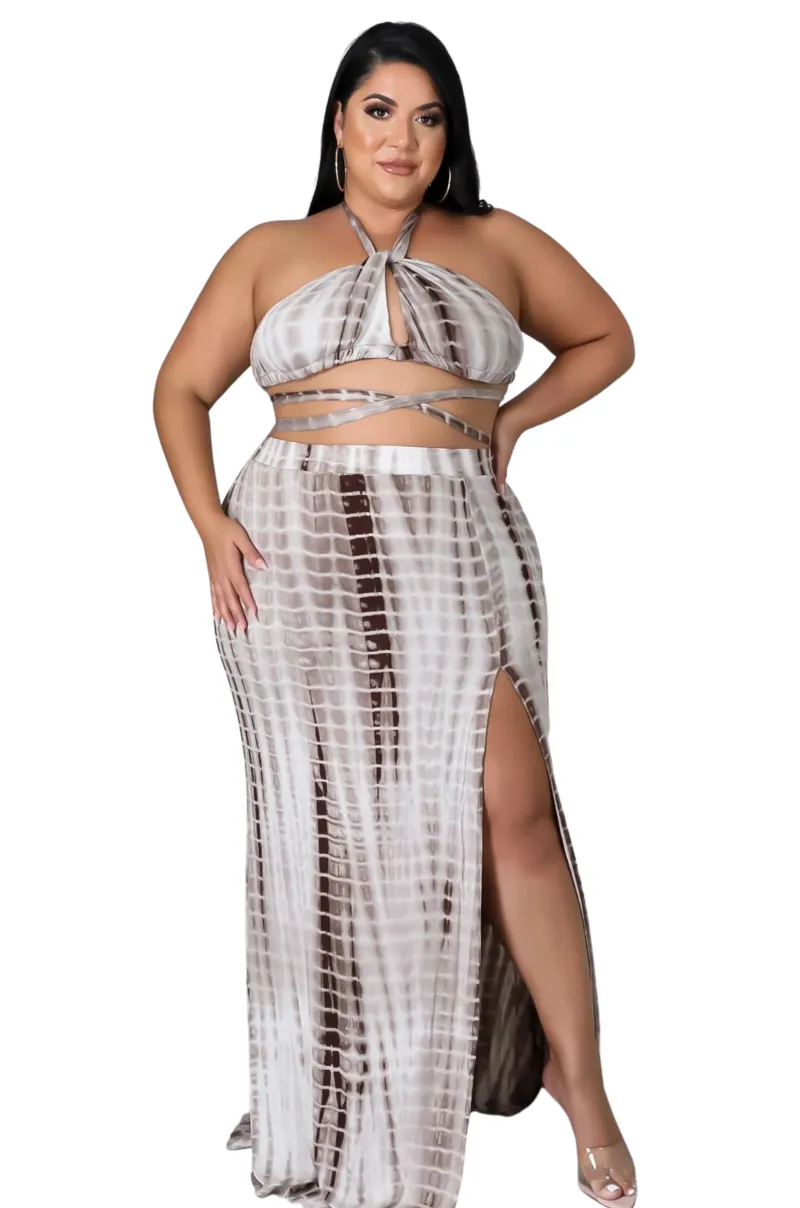 Final Sale Plus Size Tie Die Maxi Skirt Set in Mocha Tie Dye