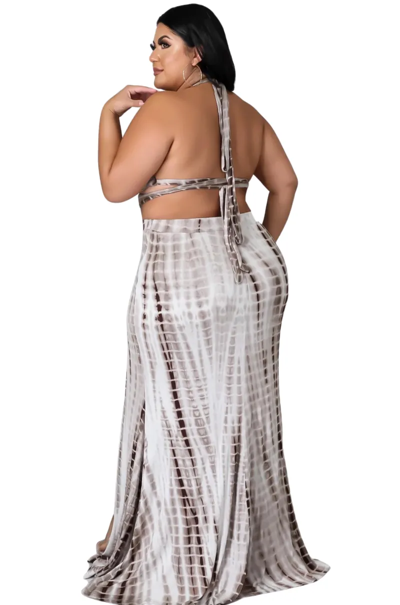 Final Sale Plus Size Tie Die Maxi Skirt Set in Mocha Tie Dye