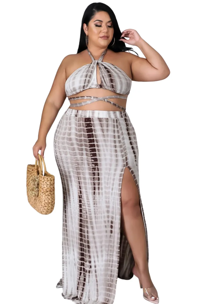 Final Sale Plus Size Tie Die Maxi Skirt Set in Mocha Tie Dye