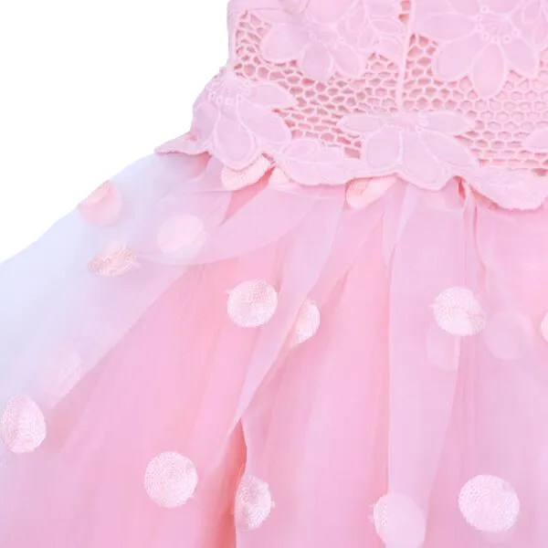 Floral Bodice Polka Dots Tulle Dress - Pink