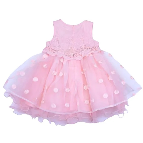 Floral Bodice Polka Dots Tulle Dress - Pink