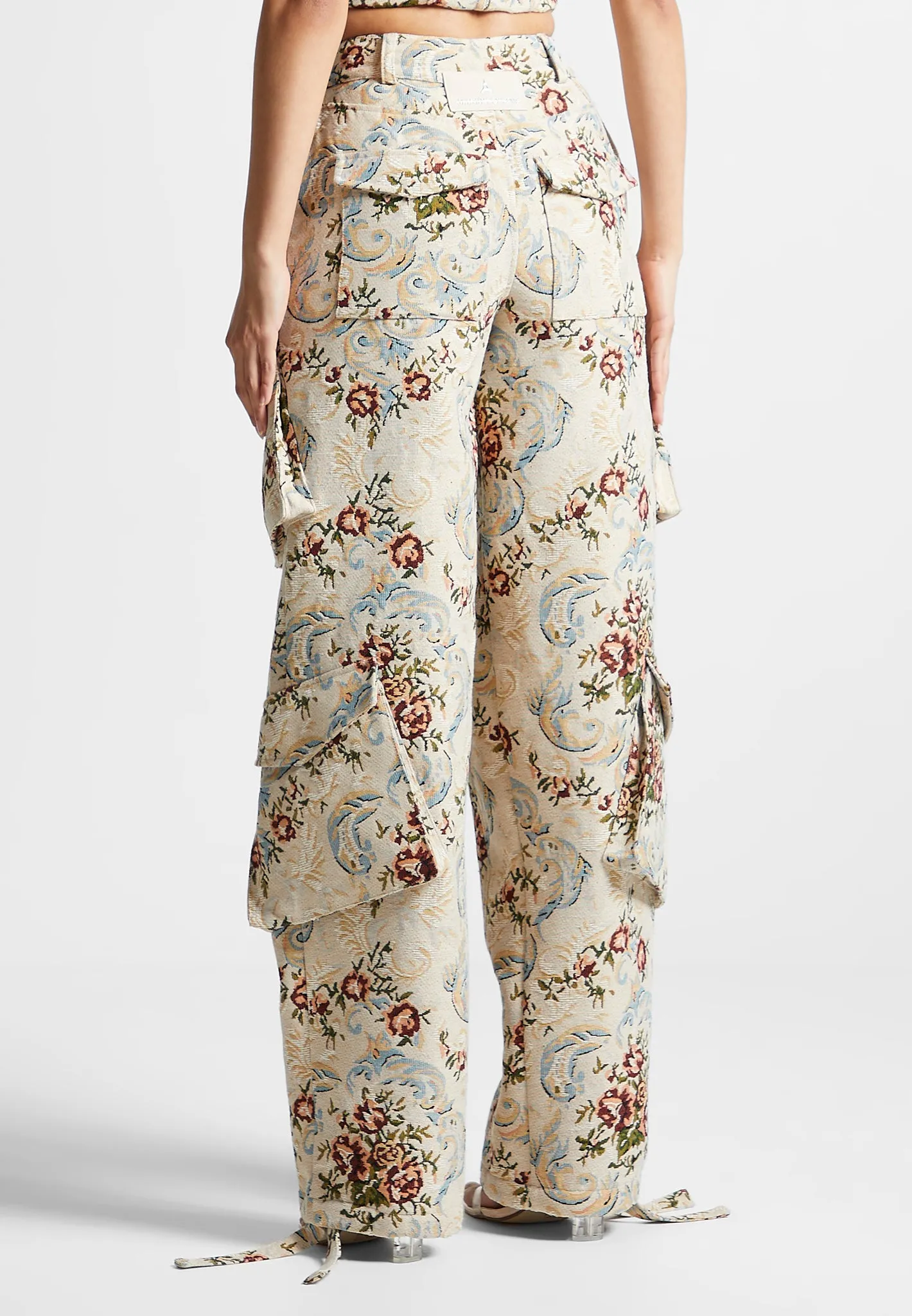 Floral Jacquard High Waisted Cargo Pants - Beige