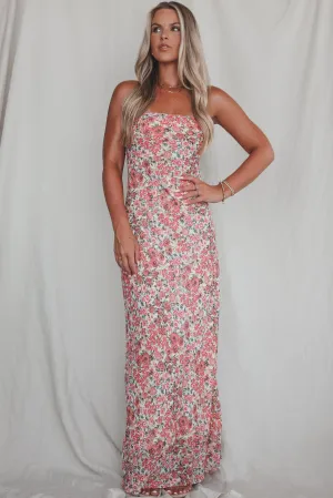 Formally Invited Pink Floral Strapless Maxi Dress