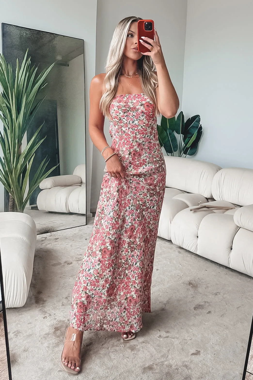 Formally Invited Pink Floral Strapless Maxi Dress