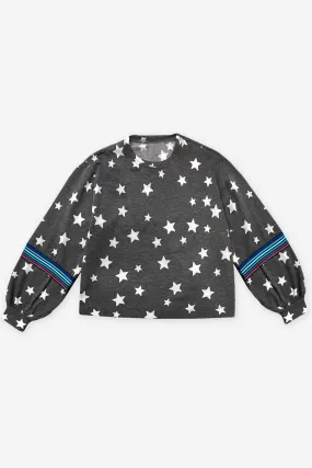 French Terry Balloon Sleeve Sweatshirt - Charcoal Star Blue Purple Stripe