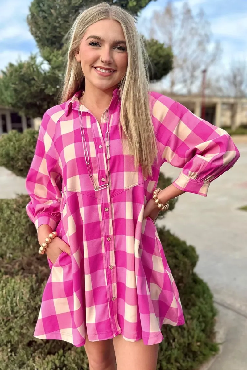 Fushia Plaid Collared Shirt Flare Mini Dress