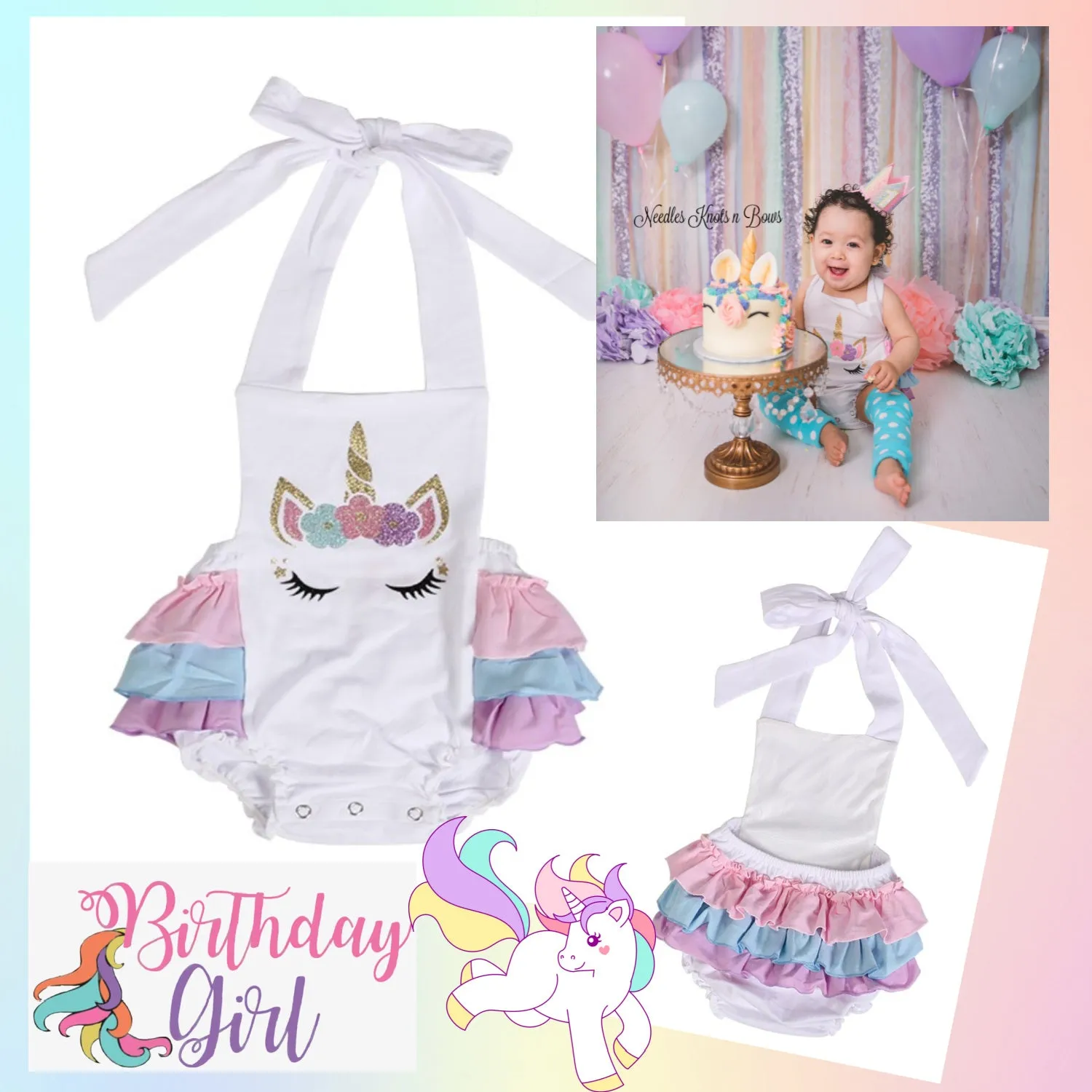 Girls Unicorn 1st Birthday Outfit, Unicorn Romper