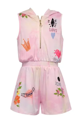 Girl’s XOXO Print Hooded French Terry Romper