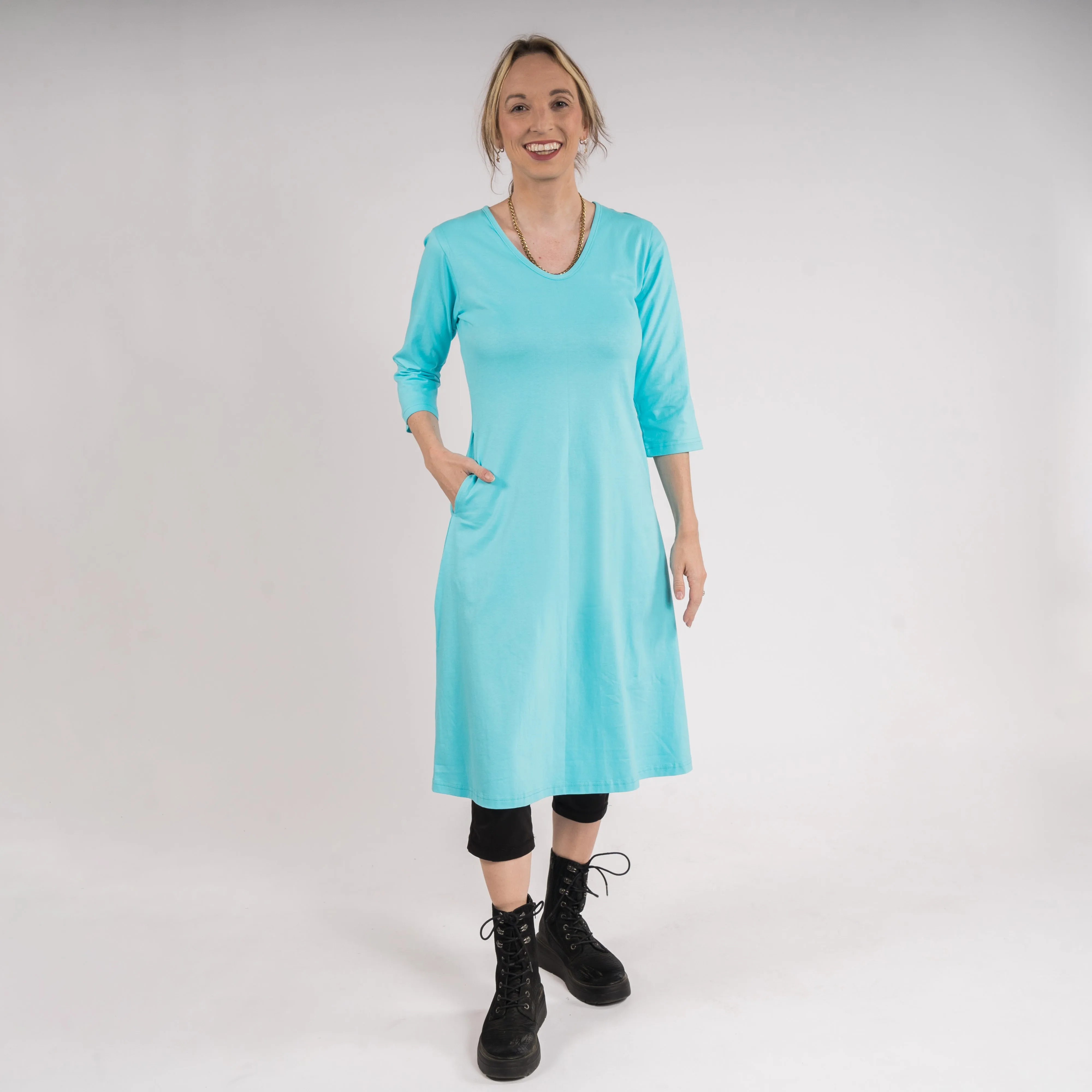 Glacier 3/4th Sleeves A-Line Dress (No Waist Seam)[FINAL SALE]