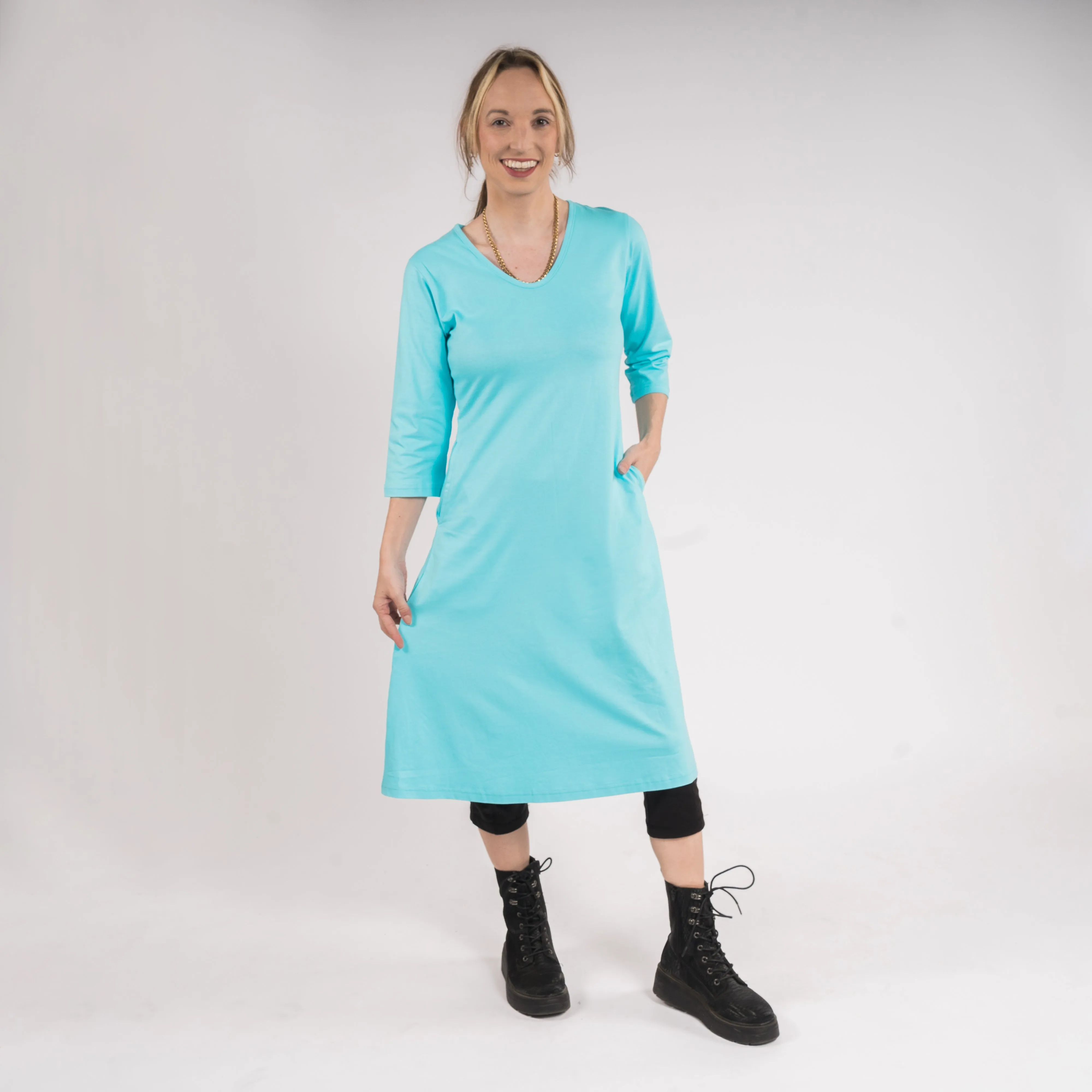 Glacier 3/4th Sleeves A-Line Dress (No Waist Seam)[FINAL SALE]