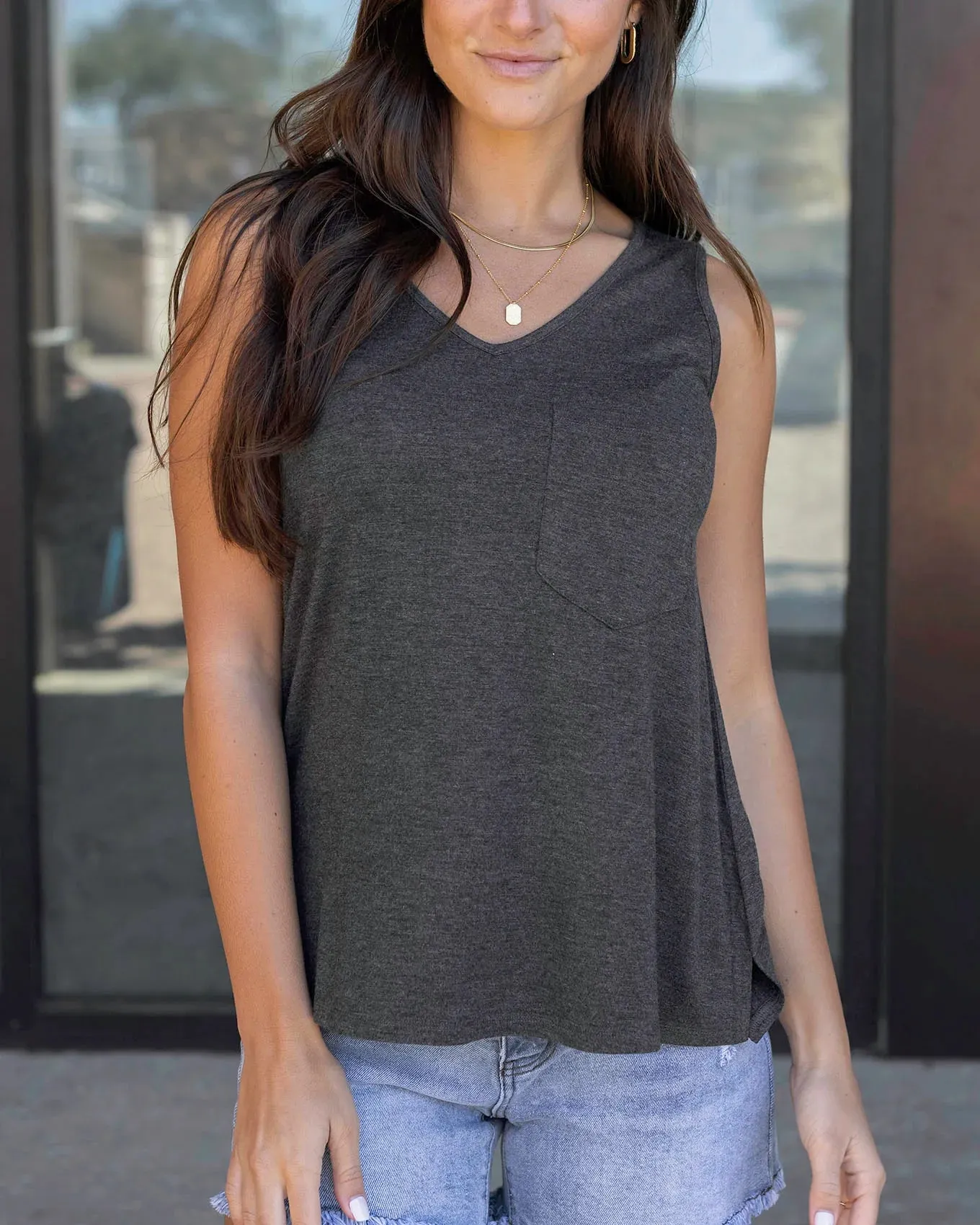 Grace & Lace Perfect Pocket V-neck Tank - Charcoal