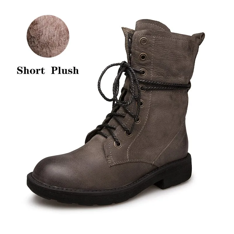 Handmade Full Grain Leather Combat Boots Designer Retro Chunky Riding Boots Coffee/Brown/Black/Grey