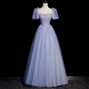 Handmade Princesscore Puff Sleeves Studded Blue Ball Gown