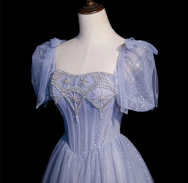 Handmade Princesscore Puff Sleeves Studded Blue Ball Gown