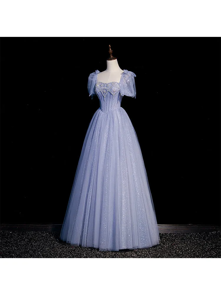 Handmade Princesscore Puff Sleeves Studded Blue Ball Gown