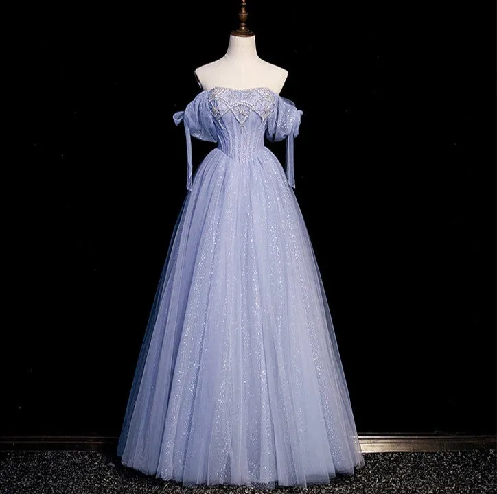 Handmade Princesscore Puff Sleeves Studded Blue Ball Gown