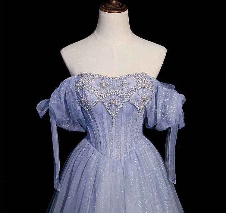 Handmade Princesscore Puff Sleeves Studded Blue Ball Gown